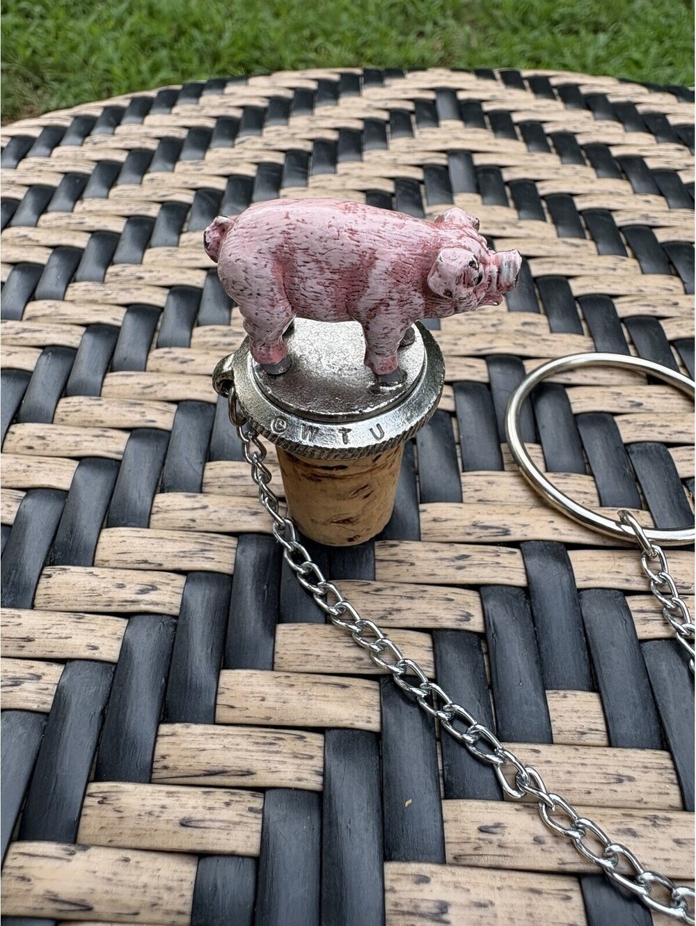 Pewter Pig Cork & Metal Bottle Stopper w/ Chain Key Ring